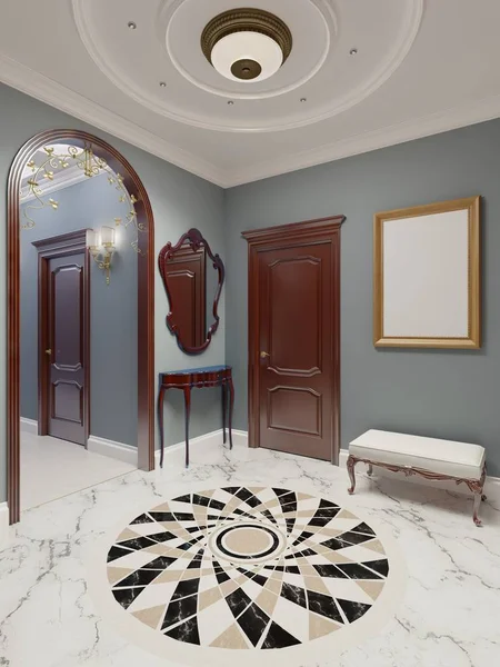 The luxurious apartment hall in a classic style with brown furniture and blue walls. 3d rendering.