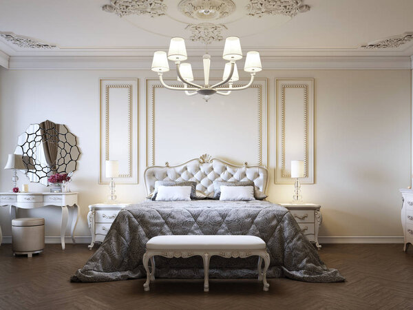 Classic style luxury bedroom interior in beige colors with boudoir and window. 3d rendering