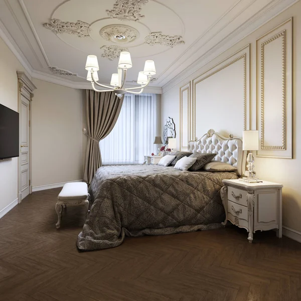 Städtischen Zeitgenössischen Modernen Klassischen Traditionellen Schlafzimmer Innenarchitektur Mit Beigen Wänden — Stockfoto