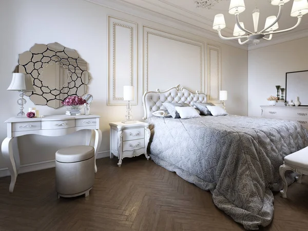 ミニマルな古典的な寝室 光のインテリア デザイン レンダリング — ストック写真