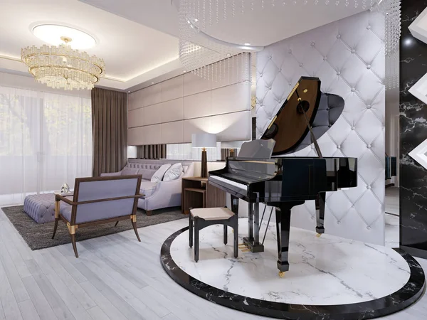 Piękne Pianino Luksusowym Salonie Fioletowa Sofa Krzesła Stół Lampy Wiszące — Zdjęcie stockowe