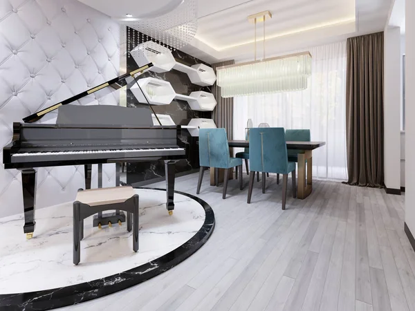 Zwarte Luxe Piano Een Marmeren Podium Een Studio Appartement Met — Stockfoto