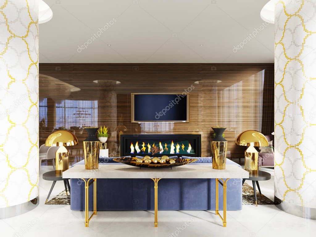 Console in the hotel lobby, The combination of white and gold is luxury classic style, decorations on white table top with a gold lamp. 3D rendering