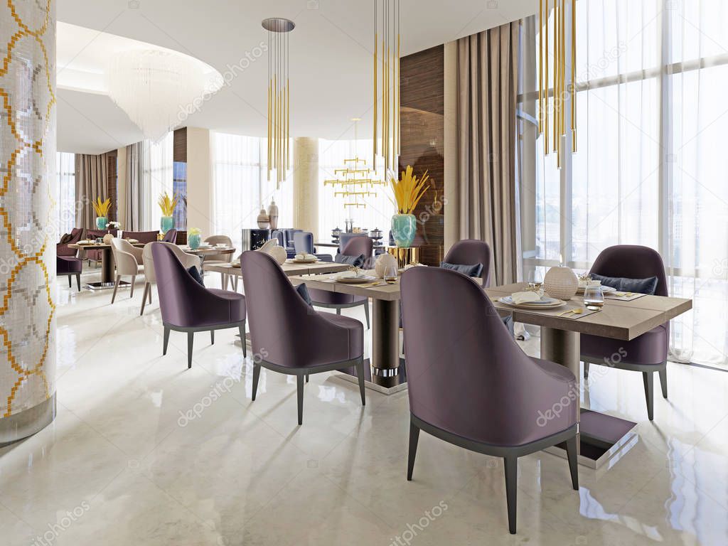 The luxurious restaurant in the hotel has a modern interior design, soft armchairs and served tables. 3d rendering