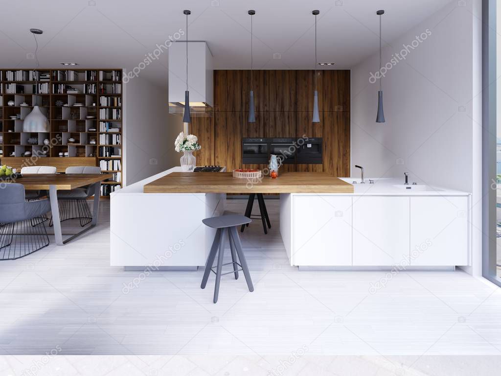 Bright kitchen contemporary style overlooking the living. White and wooden facade. Built-in appliances and designer hoods. Suspended lamps on a massive countertop bar. White parquet. 3d rendering.