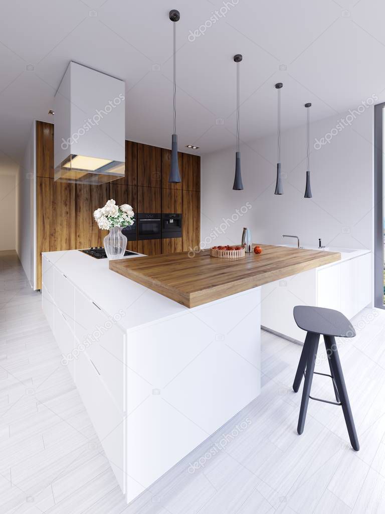 Minimalistic modern kitchen in white with elements of hardwood panels and countertops. Built-in appliances, pendant lamps and free-standing rectangular hood. 3d rendering