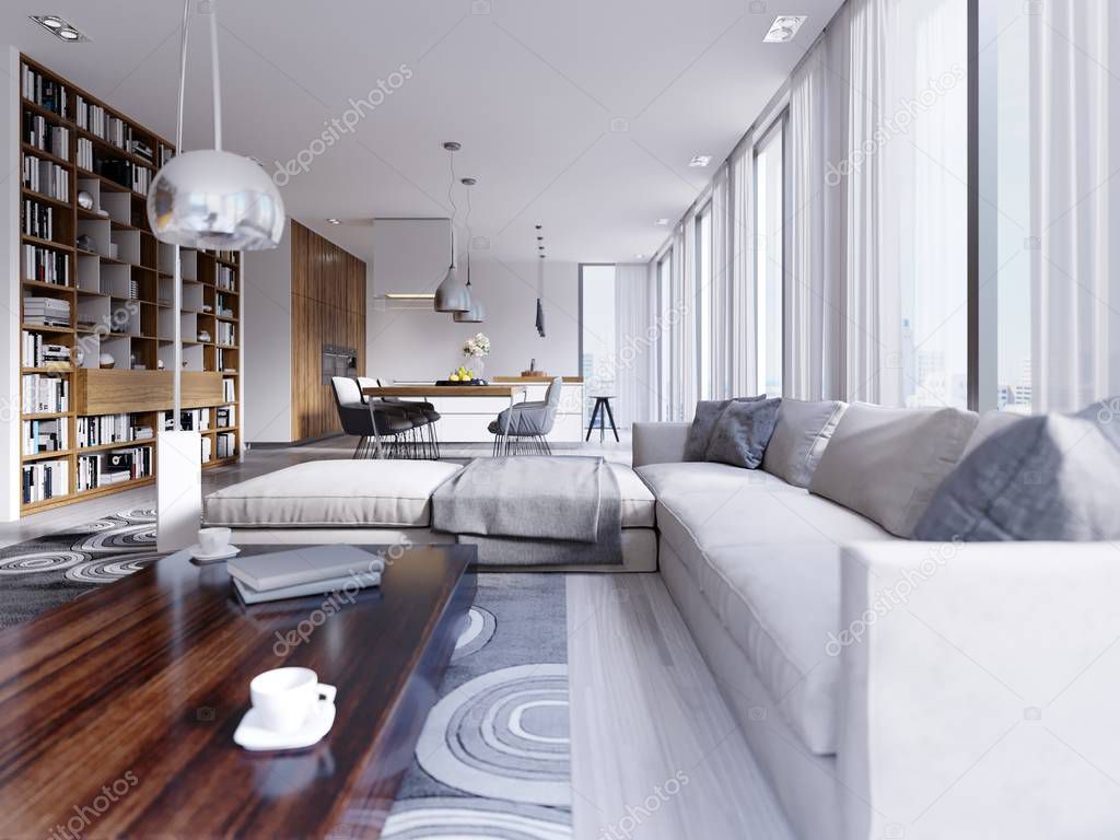White scandinavian apartments with designer wooden bookshelves with TV and kitchen with dining area. 3d rendering