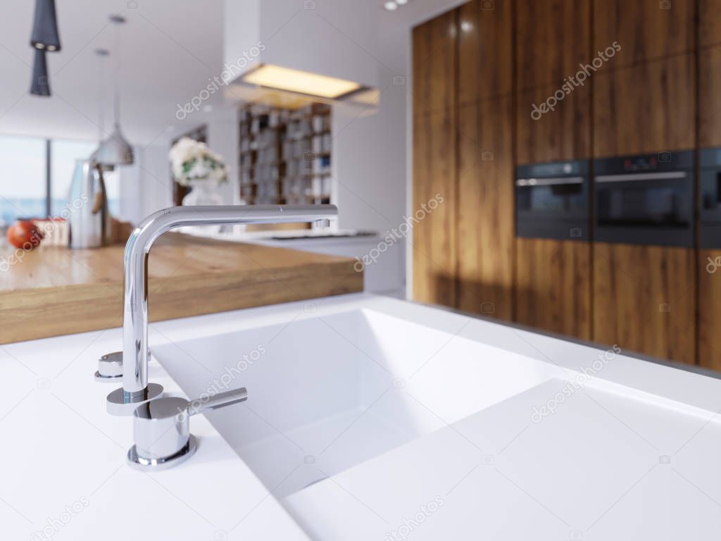 Modern technological built-in kitchen appliances, mixer, sink. 3d rendering