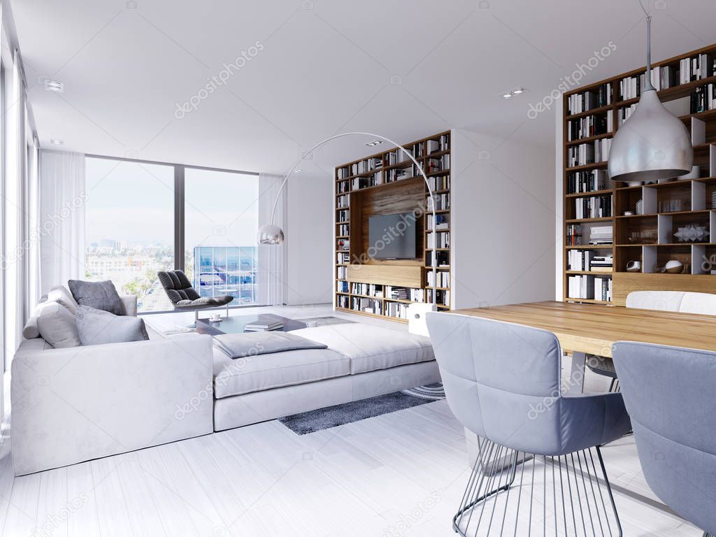 There are sofas and armchairs in the modern living room including wooden table with creative carpet with ornaments items on it. Long bookshelves and TV stand and bookshelves white wall. 3d rendering