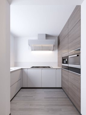 Bir rahat modern küçük mutfak Oda iç. 3D render