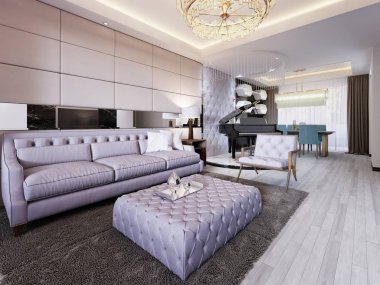 Kapitone kanepe, koltuk ve yumuşak bir küçük masa ve bir avize modern tarzda lüks oturma odası. Yemek alanı ve mermer podyumda siyah piyano. Lamba tablosu. 3D render.