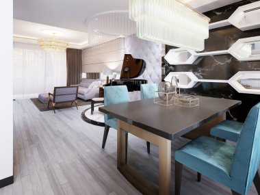 Art deco yemek masası ile modern yemek odası. Beyaz raflar ve aynalar dekoratif siyah mermer duvar. Tasarımcı masa ve sandalyeler. 3D render.