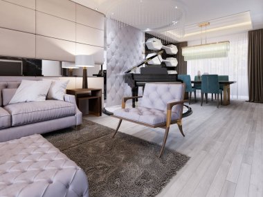 Klasik iç kanepe ve koltuk ile fırınlı ve piyano ile yemek masası. 3D render
