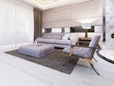 Lüks ve modern oturma odası kapitone kanepe ve sandalye ile. 3D render