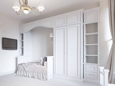 Çocuk yatak odası ve bir yatak, Çocuk giyim için büyük dolapları ile klasik tarzda. 3D render.