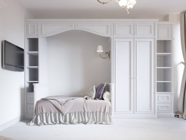 Lüks Oda küçük bir yatak ile klasik tarzda bir çocuk için. ile büyük bir dolap rafları ve bir Tv. 3d render ile.