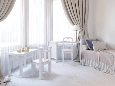 Çocuk odası ile bir yatak, bir gardırop ve çocuk oyun tablo lüks bir beyaz renkte. 3D render.