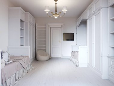Parlak çocuk odası klasik bir tarzda ve beyaz çiçekler, iki yatak. 3D render.