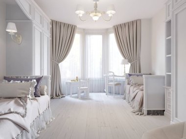 Parlak çocuk odası klasik bir tarzda ve beyaz çiçekler, iki yatak. 3D render.