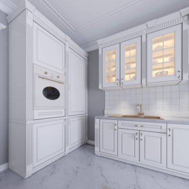 Daire modern bir klasik tarzda şık beyaz mutfak. 3D render.