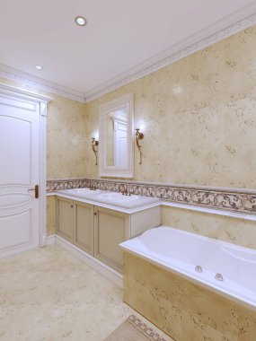 Sarı taş çini ve ışıklı bir banyo modern tasarım. 3D render.