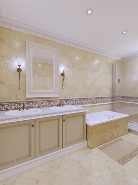 Sarı taş çini ve ışıklı bir banyo modern tasarım. 3D render.