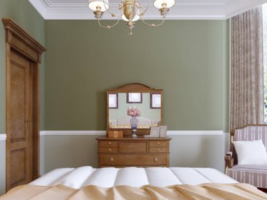 Ahşap şifoniyer ayna ve klasik yatak odasında sürgülü dolap. 3D render.