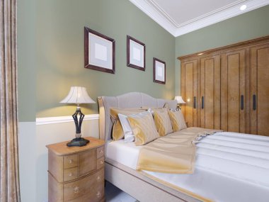 Lüks yatak modern yatak odası klasik bir tarzda iç. Masa lambaları ve karyola üzerinde resim sergisi ile nightstands. 3D render