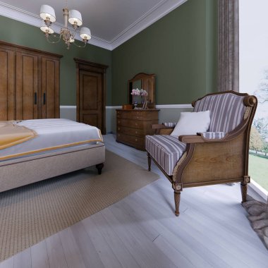 Klasik bir tarzı ahşap ve yumuşak elemanları ile lüks koltuk bir yatak odasında. 3D render.