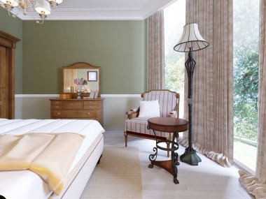 Klasik bir tarzı ahşap ve yumuşak elemanları ile lüks koltuk bir yatak odasında. 3D render.