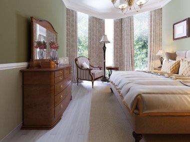 Modern Klasik geleneksel yatak odası iç tasarım zeytin duvarlar, şık mobilya ve yatak çarşafları ile. 3D render