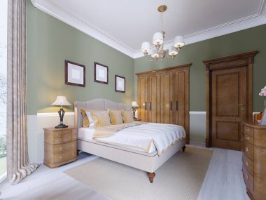 Modern Klasik geleneksel yatak odası iç tasarım zeytin duvarlar, şık mobilya ve yatak çarşafları ile. 3D render