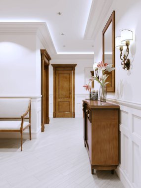 İç duvar panelleri ve ahşap mobilya beyaz duvarlar ve kapılar ile klasik tarzı koridor var. 3D render.