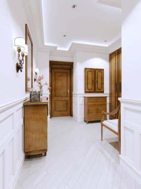 Binası giriş holü tasarımı klasik bir tarzı, bir çekmeceli ve duvar panelleri beyaz, 3d render ile modern bir dairede.