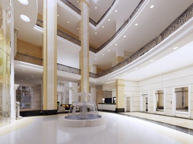 Modern lobi, koridor lüks otel, Alışveriş Merkezi, iş merkezi. İç tasarım. 3D render.