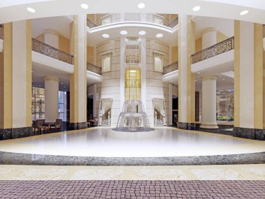 Lobide bir modern otel beş yıldız ikinci bir ışık ile iç. 3D render.