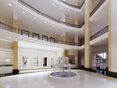 Modern lobi, koridor lüks otel, Alışveriş Merkezi, iş merkezi. İç tasarım. 3D render.
