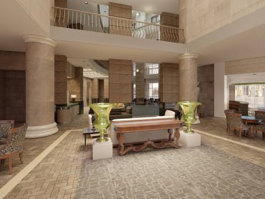 Modern otel lobisinde çok düzeyli iç mekan ve balkon. Klasik bir tarzı otel lobisinde iç. 3D render.