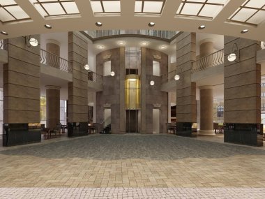 Modern otel lobisinde çok düzeyli iç mekan ve balkon. Klasik bir tarzı otel lobisinde iç. 3D render.