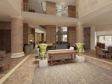 Taş duvarlar ve zemin ile bir beş yıldızlı otel lüks çok katlı lobi salonu. Sütunlar ve tavan ışık. 3D render.