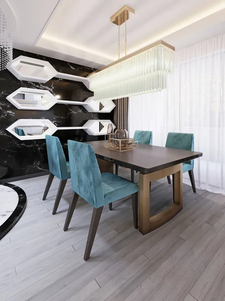 Modern dining room with art deco dining table. Decorative black marble wall with white shelves and mirrors. Designer table and chairs. 3d rendering.
