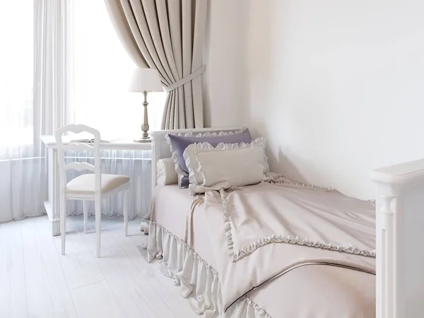 Çocuk Bir Yatak Güzel Bir Yatak Örtüsü Yatak Odası Oyun — Stok fotoğraf