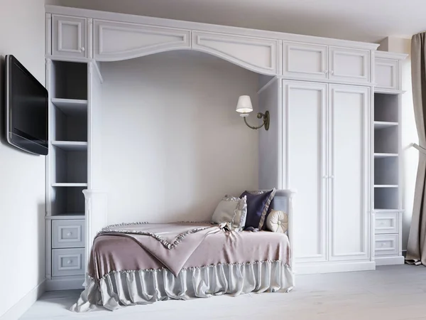 Children Bedroom Bed Classic Style Large Wardrobes Children Clothes Rendering — Stock Photo, Image