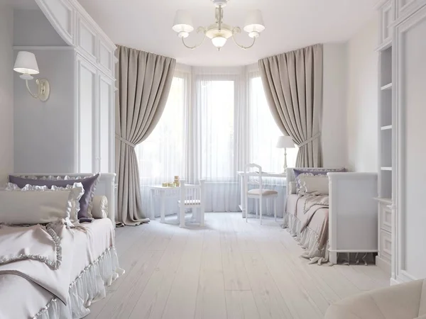 クラシックなスタイルと つのベッドの白い花で明るい子供部屋 レンダリング — ストック写真