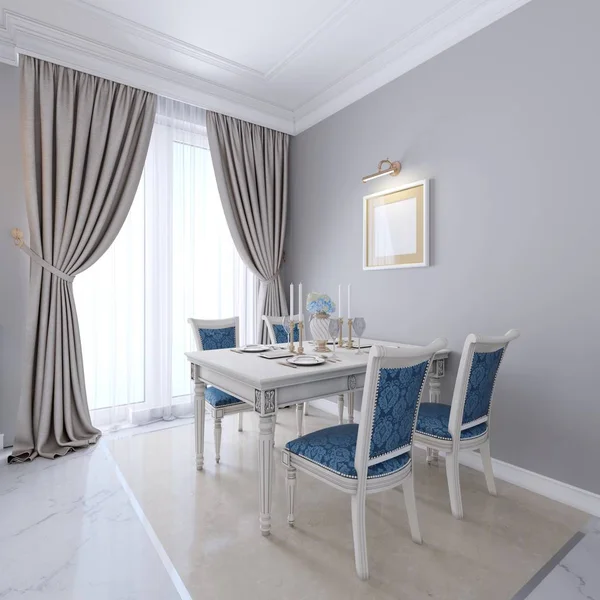 Luxuriöser Esstisch Mit Weißen Möbeln Und Blauen Polstern Auf Den — Stockfoto