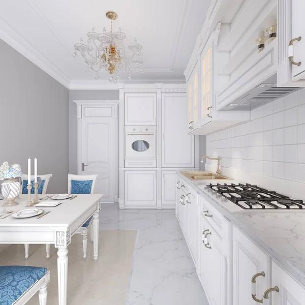 White kitchen with dining table in a classic style. The bright interior of the kitchen. 3d rendering.