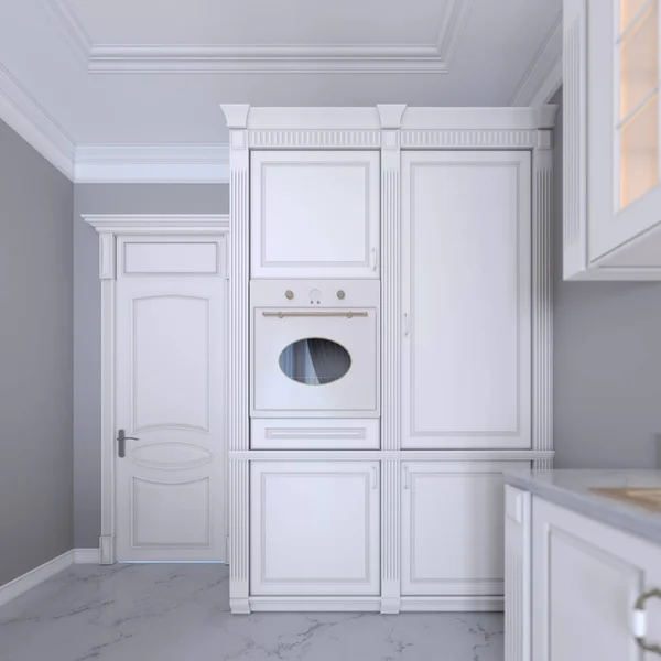 Muebles Cocina Blancos Con Electrodomésticos Cocina Incorporados Estilo Clásico Renderizado —  Fotos de Stock