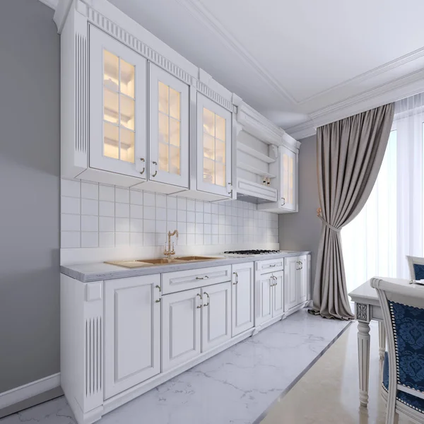 Cozinha Branca Moderna Estilo Clássico Interior Com Mobiliário Branco Paredes — Fotografia de Stock