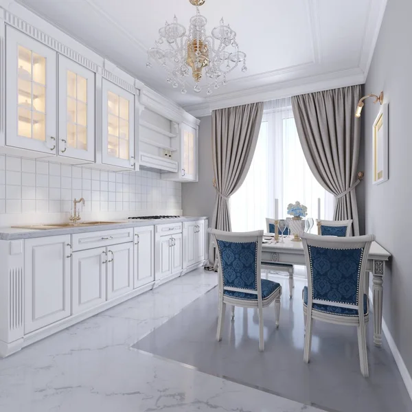 White kitchen with dining table in a classic style. The bright interior of the kitchen. 3d rendering.