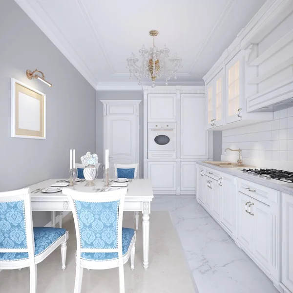 Cucina Bianca Con Tavolo Pranzo Stile Classico Interno Luminoso Della — Foto Stock